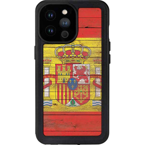 Spain Flag Dark Wood iPhone 14 Pro Max Waterproof Case